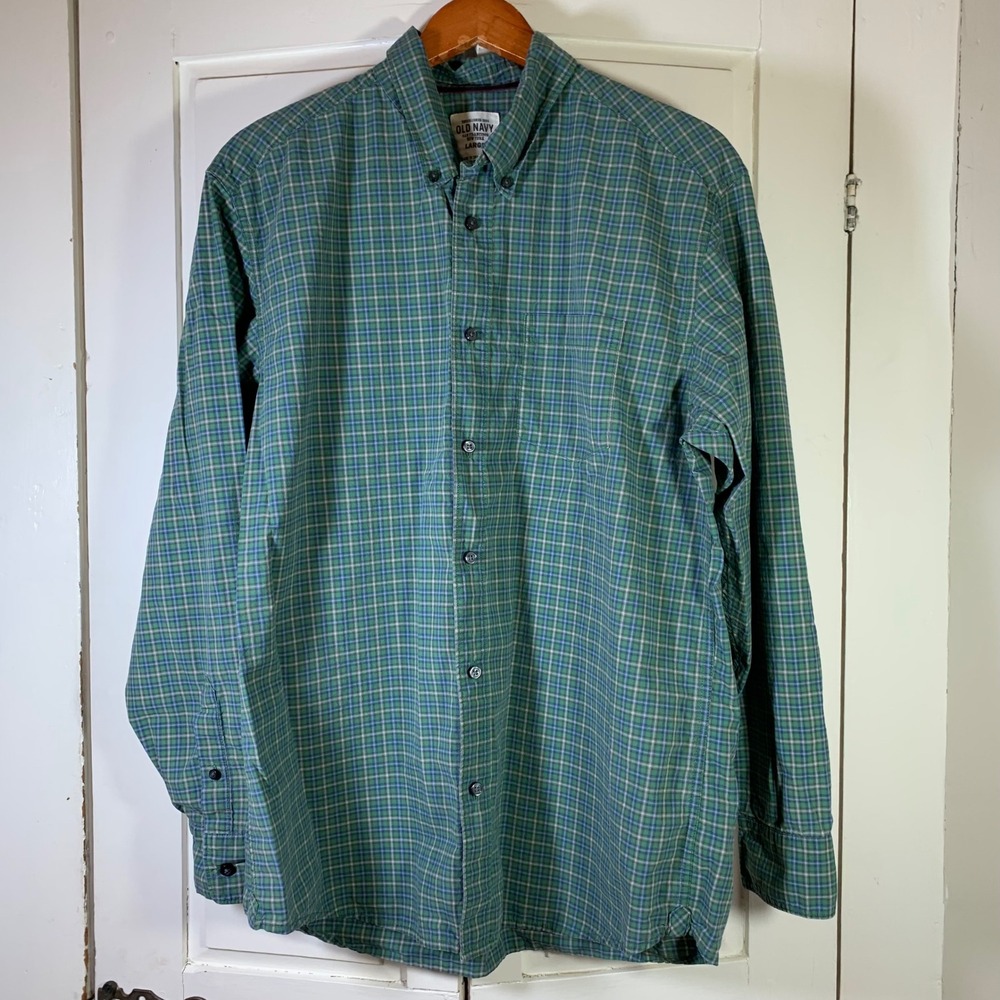 Old Navy Mens Large Green Blue Plaid Long Sleeve Button Down Cotton Shirt 536914
